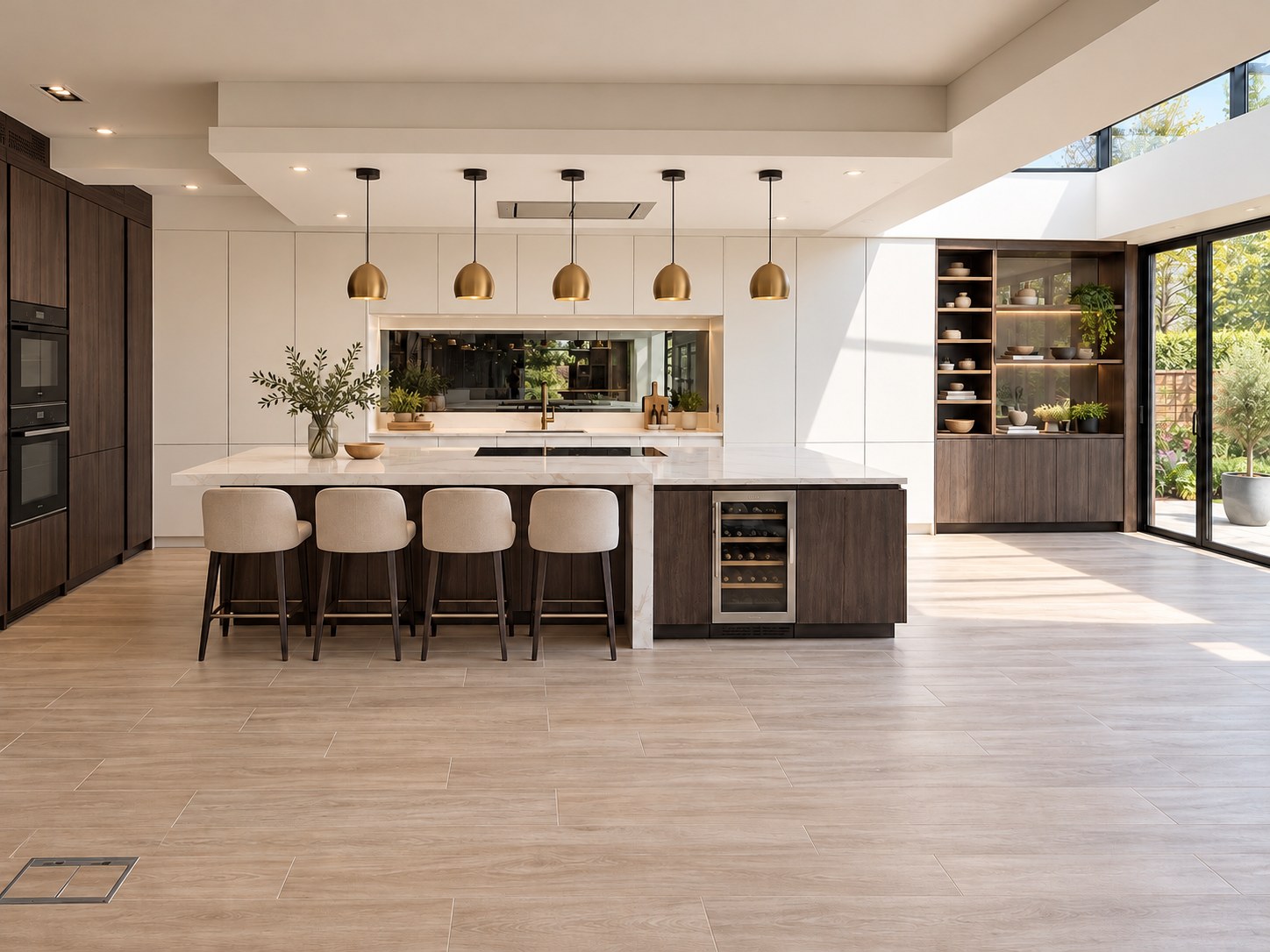Kitchen with brass pendants