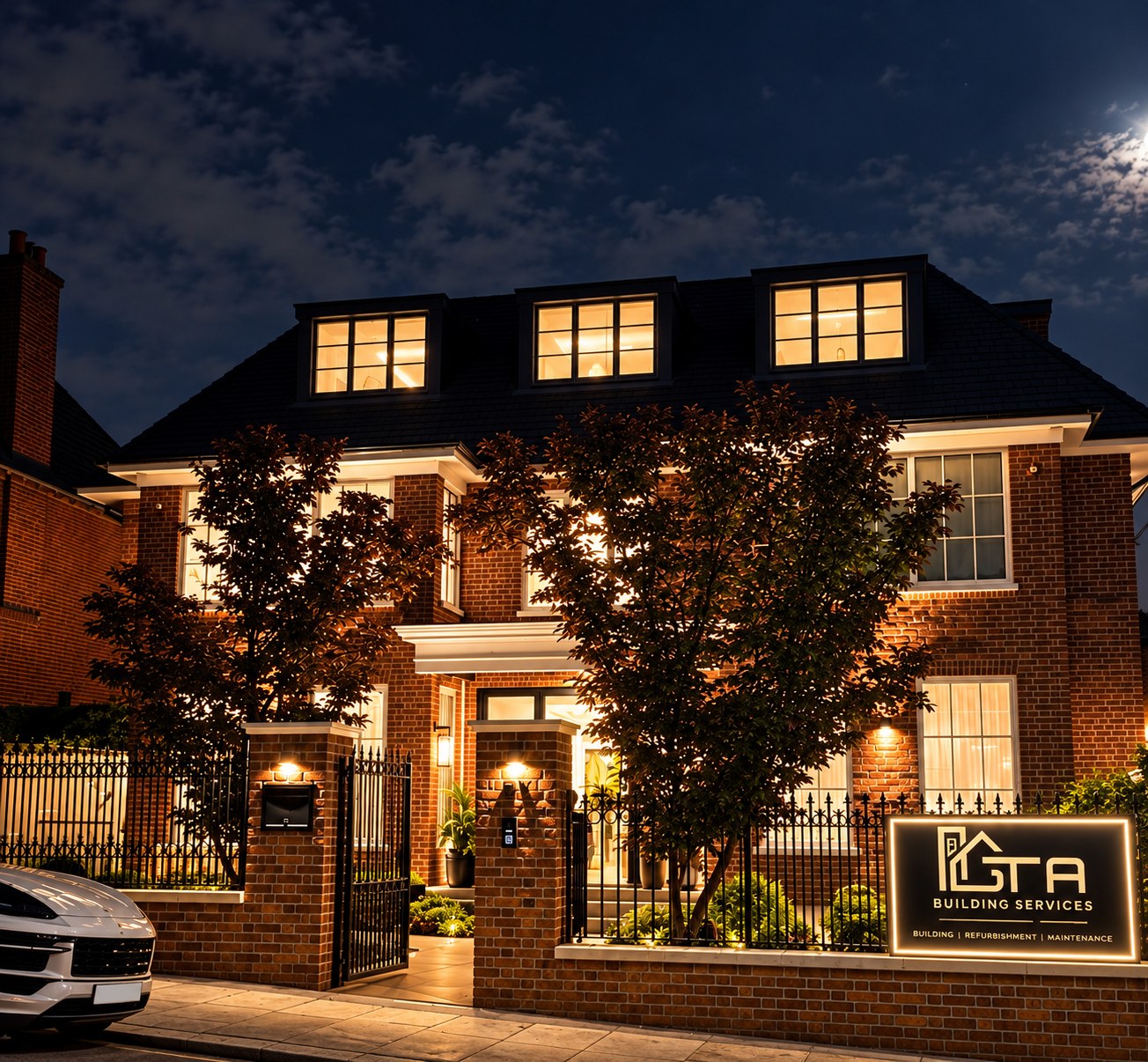 Latest completed residential project, photographed at night with GTA sign
